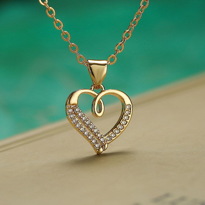 Shiny Heart Shape Lock Copper Plating Inlay Zircon 18K Gold Plated Pendant Necklace
