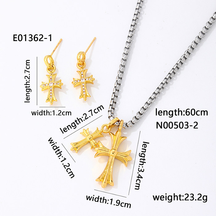 Hip-Hop Vintage Style Roman Style Cross Stainless Steel Plating Inlay Zircon Gold Plated Jewelry Set