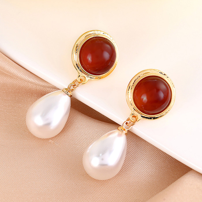 Boucles d'oreilles rondes en Imitation de perles, Style classique rétro, incrustation de cuivre, pierre naturelle plaquée or, 1 paire