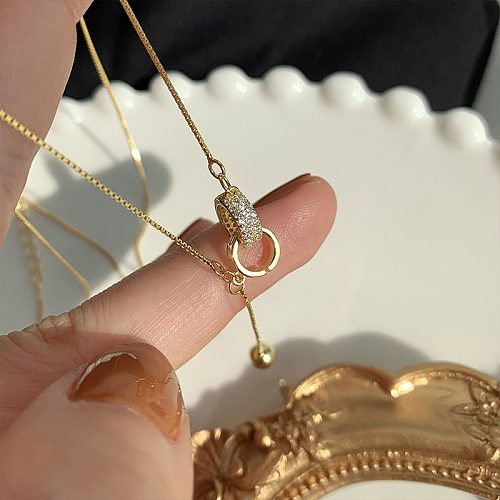 Lady Double Ring Copper Plating Inlay Artificial Diamond Pendant Necklace