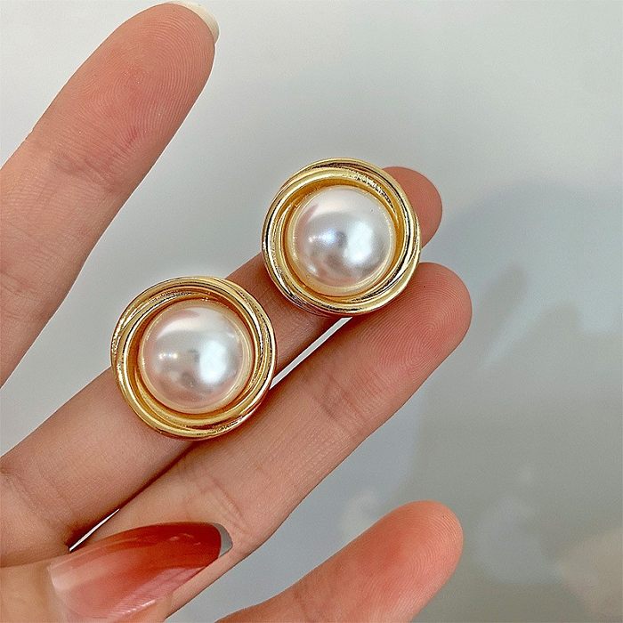 Fashion Round Copper Inlay Pearl Ear Studs 1 Pair