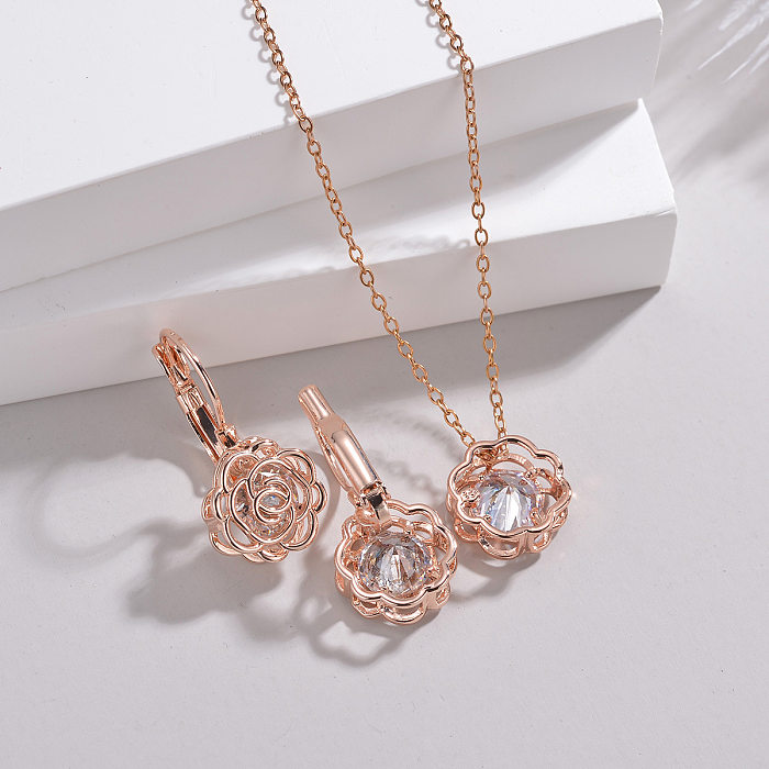 Modern Style Flower Alloy Copper Plating Inlay Zircon Gold Plated Earrings Necklace