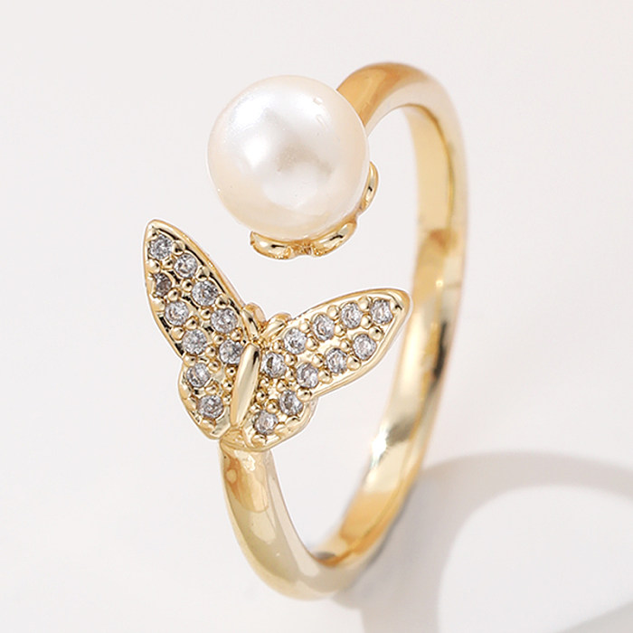 Elegant Lady Butterfly Copper Inlay Artificial Pearls Zircon Open Rings