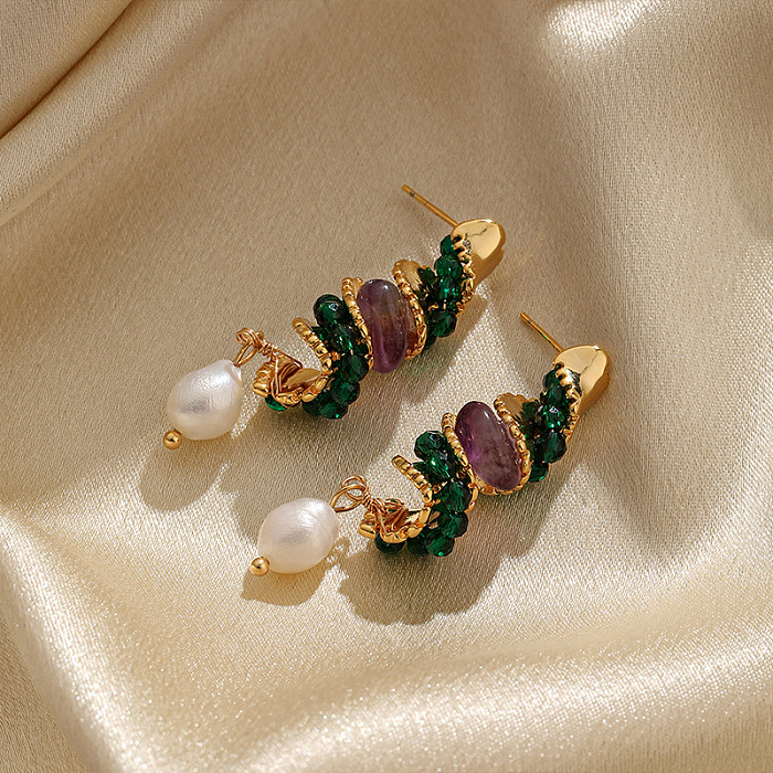 1 Paar elegante, glänzende „The Answer“-Tropfenohrringe mit Perlenbeschichtung und Kupferkristall-Inlay, 18 Karat vergoldet