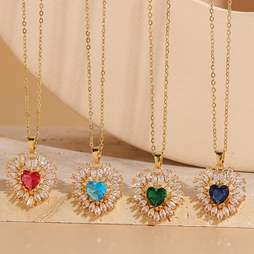 Elegant Glam Heart Shape Copper Plating Inlay Zircon 14K Gold Plated Pendant Necklace