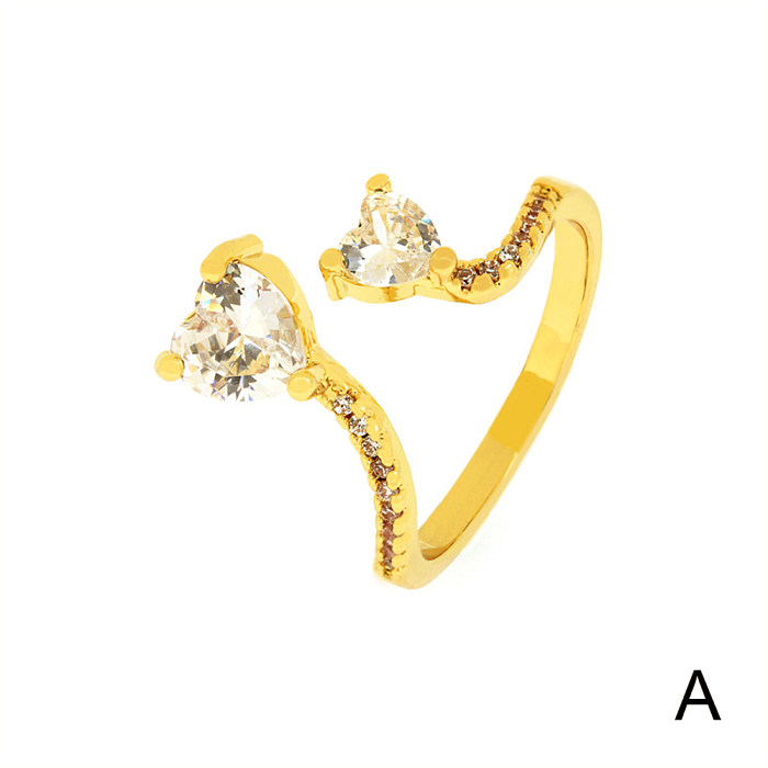 IG Style Simple Style Heart Shape Copper Plating Inlay Zircon 18K Gold Plated Open Rings
