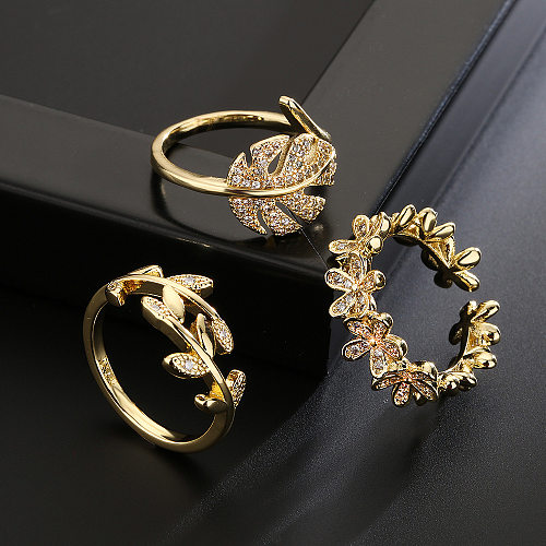 Moda cobre 18K ouro zircão folha forma geométrica anel aberto feminino