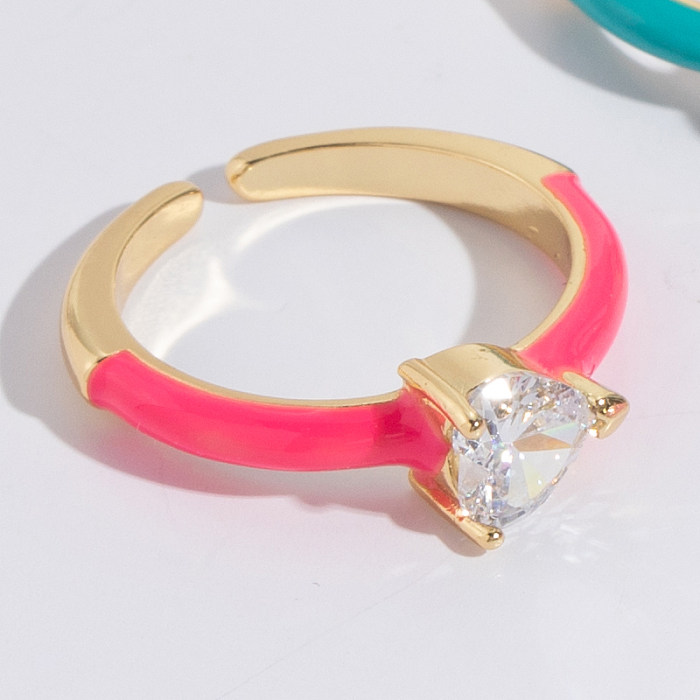 Fashion Heart Shape Copper Enamel Gold Plated Zircon Open Ring 1 Piece