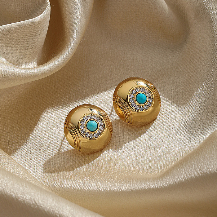 1 Pair Classical Retro Round Plating Inlay Copper Turquoise Zircon 18K Gold Plated Ear Studs