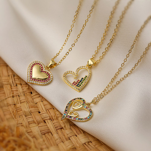 Elegante Damen-Anhänger-Halskette in Herzform mit Kupferbeschichtung und Inlay-Zirkon-Anhänger, 18 Karat vergoldet