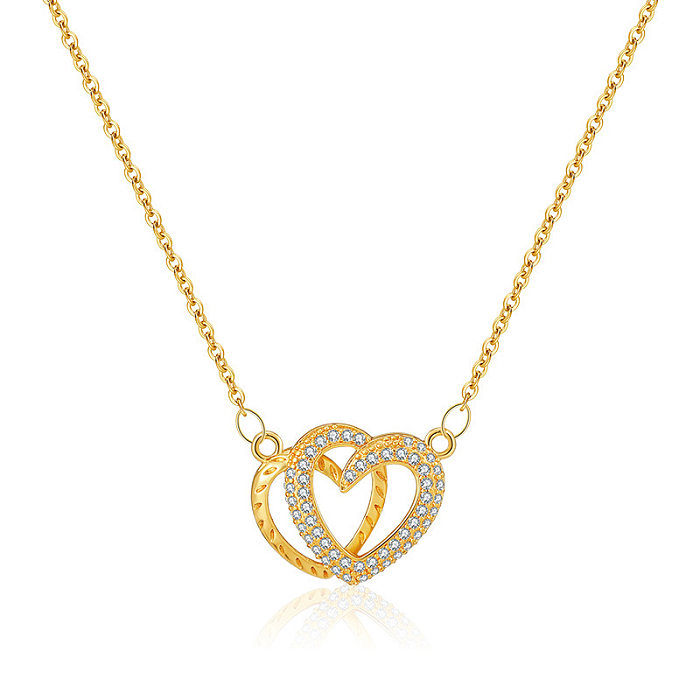 Elegant Heart Shape Copper Plating Inlay Zircon 18K Gold Plated Pendant Necklace