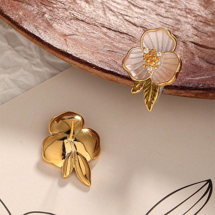1 par de brincos elegantes para orelha com zircônia de cobre e flor incrustada