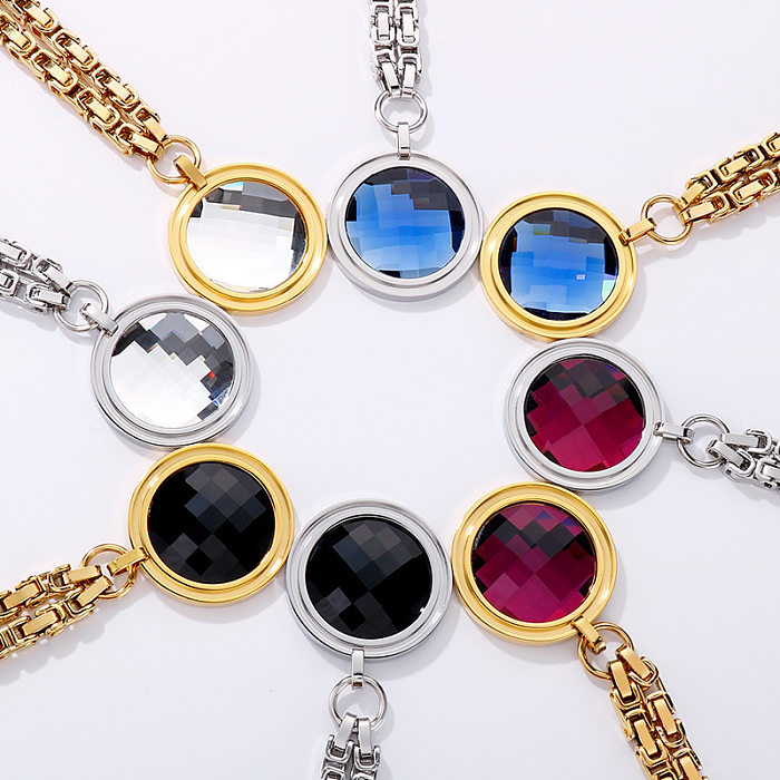 Moda nova corrente de aço inoxidável de peça única redonda multi-cor pedra de vidro feminino pulseira e colar conjunto