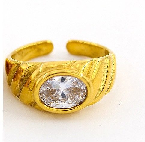Modischer offener Ring mit geometrischem Edelstahl-Inlay und Zirkon, 1 Stück