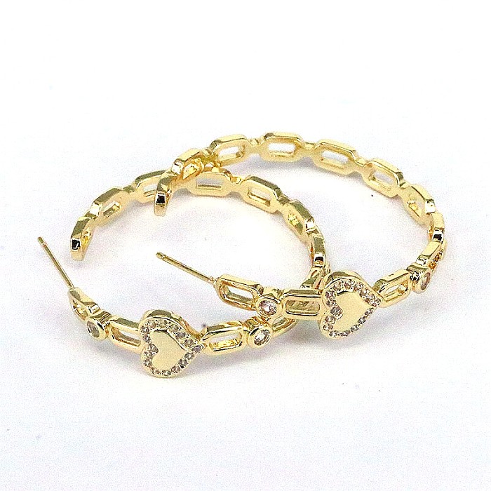 1 paire de boucles d'oreilles rétro décontractées en forme d'étoile et de cœur, incrustation de placage en cuivre et Zircon plaqué or