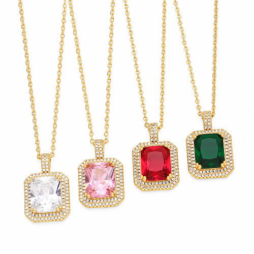 INS Style Square Copper Plating Inlay Zircon 18K Gold Plated Pendant Necklace