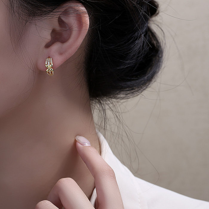 1 Pair Lady Flower Plating Inlay Copper Zircon Earrings