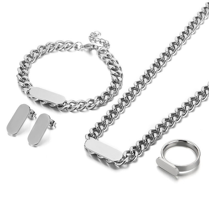 European And American New Fashion Stainless Steel Cuban Link Chain Gold Square Brand Necklace Earrings Four-Piece Set Female Accessories Wholesale