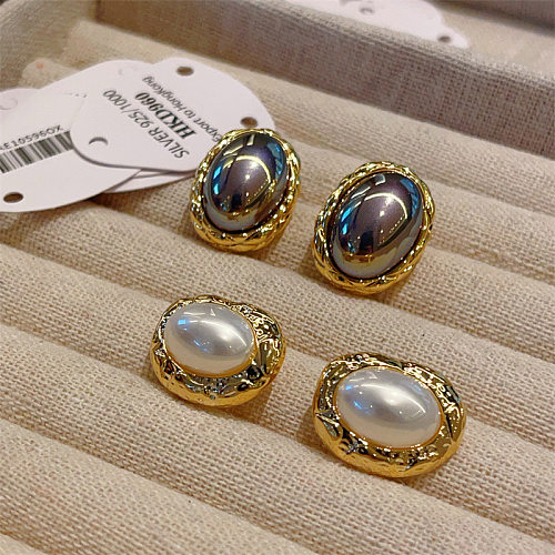 1 par de pendientes de perlas artificiales de cobre con incrustaciones ovaladas Retro
