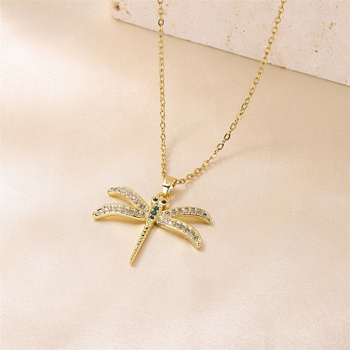 Simple Style Dragonfly Stainless Steel Brass Plating Inlay 18K Gold Plated Pendant Necklace
