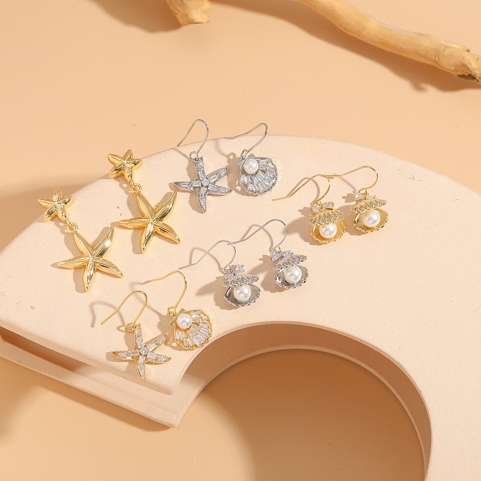 1 paire de boucles d'oreilles pendantes élégantes en forme d'étoile de Style classique, incrustation asymétrique en cuivre et Zircon plaqué or 14 carats