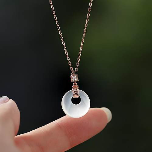 Elegant Round Copper Inlay Rhinestones Jade Rose Gold Plated Silver Plated Pendant Necklace