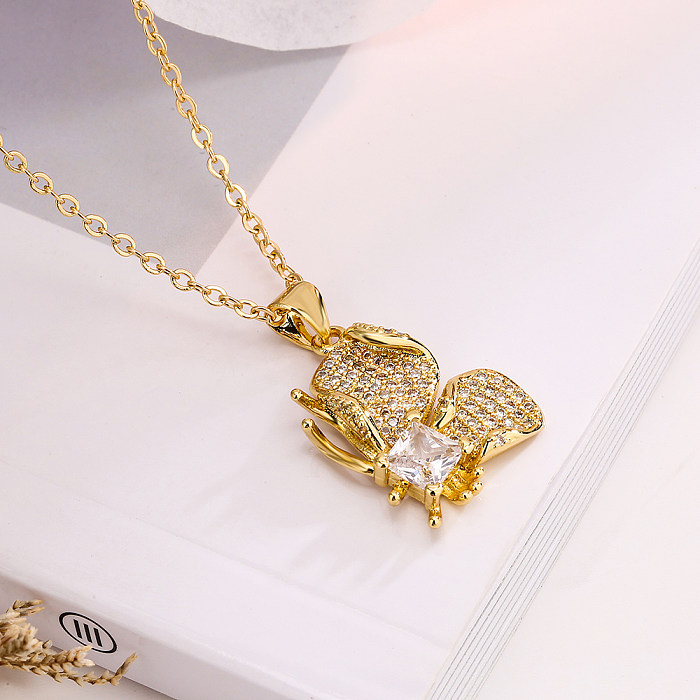 Simple Style Butterfly Copper 18K Gold Plated Zircon Pendant Necklace In Bulk