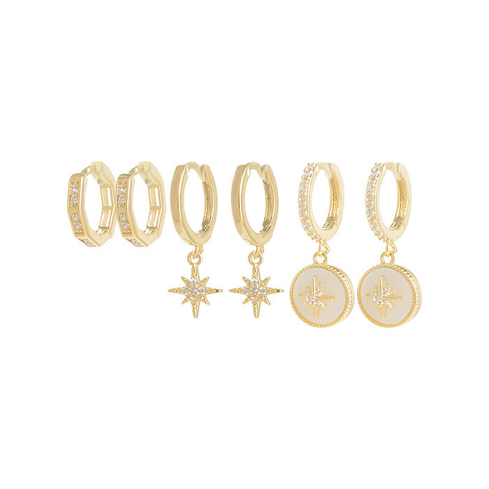 Pendientes colgantes de cobre con forma de estrella de estilo simple, aretes con incrustaciones de circonio, aretes de cobre, 3 pares