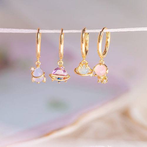 Sweet Geometric Brass Earrings Plating Artificial Gemstones Copper Earrings