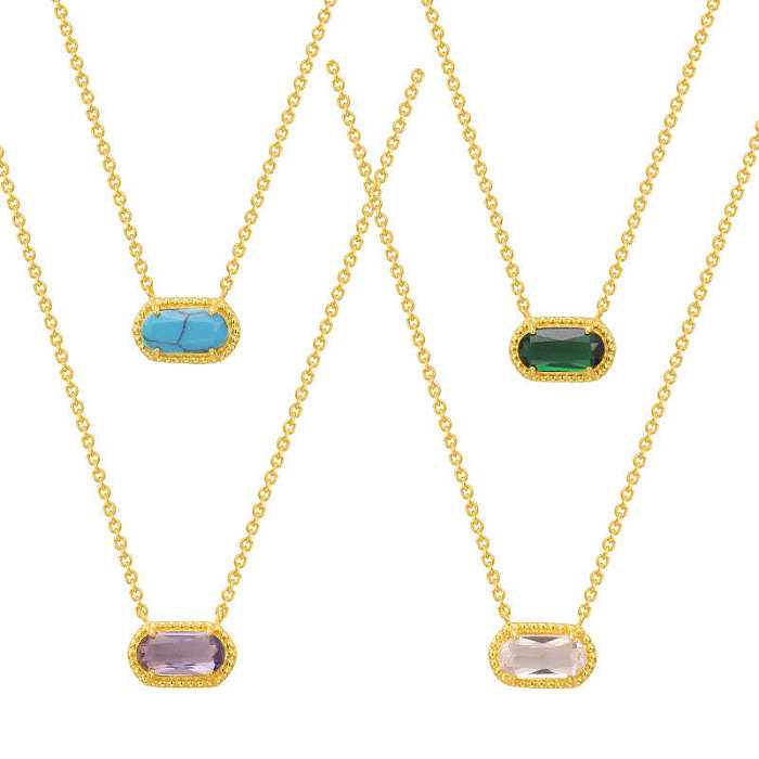 Retro Oval Copper Plating Inlay Natural Stone Opal Zircon Gold Plated Pendant Necklace