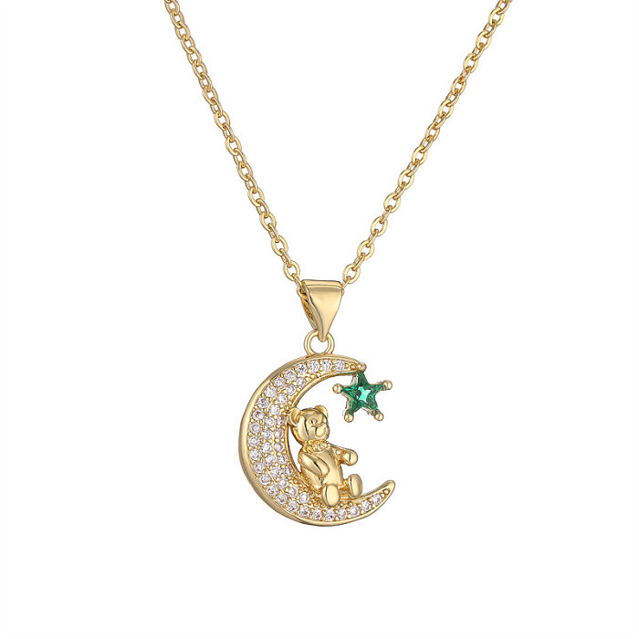 IG Style Simple Style Little Bear Star Moon Copper Plating Inlay Zircon Gold Plated Pendant Necklace