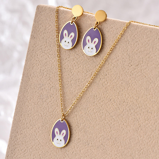 Simple Style Rabbit Stainless Steel Enamel Plating 14K Gold Plated Earrings Necklace