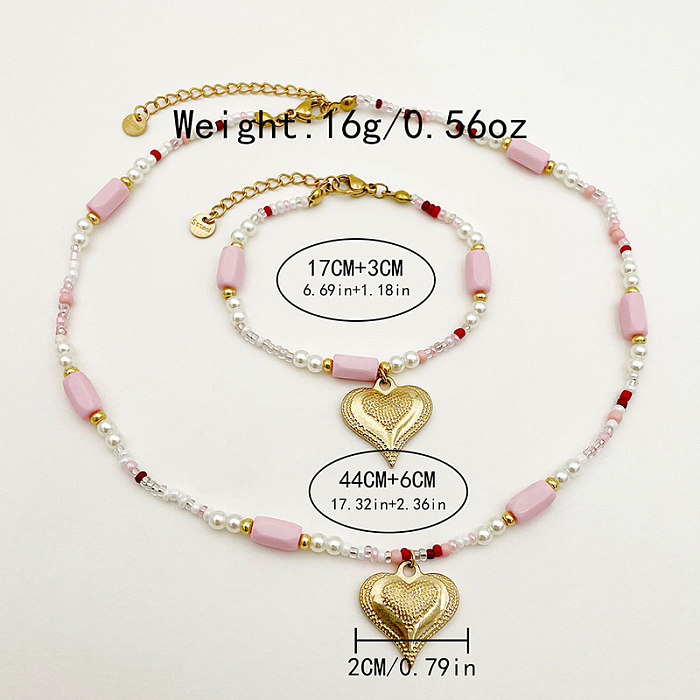 Niedliche süße herzförmige Edelstahl-Imitationsperle, Naturstein, Perlenbeschichtung, vergoldete Armbänder, Halskette