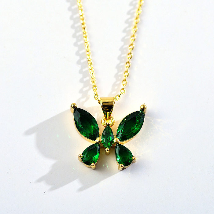 Elegant Simple Style Butterfly Copper Inlay Zircon Gold Plated Pendant Necklace