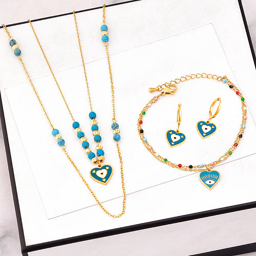 Retro Sweet Devil'S Eye Heart Shape Titanium Steel Epoxy Inlay Turquoise Bracelets Earrings Necklace