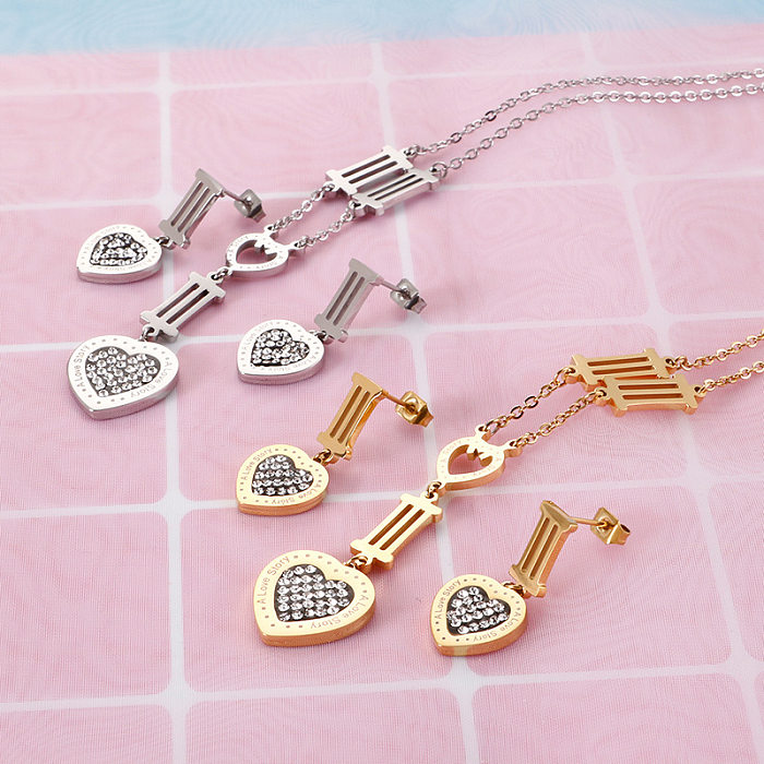 Fashion Heart-shaped Stainless Steel Roman Numerals Neckalce Earrings Set Wholesale jewelry