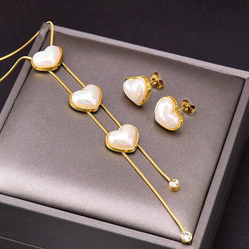 1 ensemble de boucles d'oreilles et collier élégants en forme de cœur, incrustations d'acier et de titane, perles artificielles