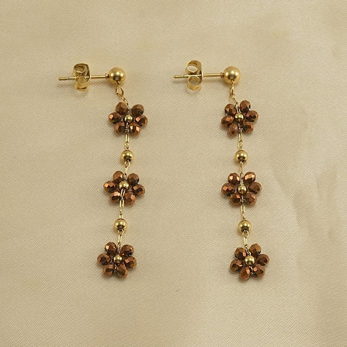 Vacation Sweet Flower Stainless Steel Artificial Crystal Plating 18K Gold Plated Earrings Necklace