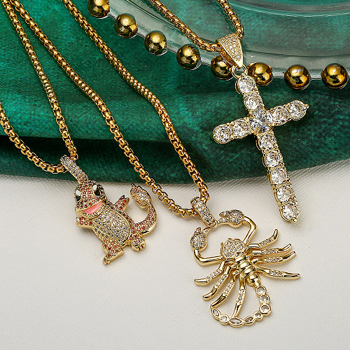 Hip-Hop Commute Geometric Animal Cross Copper Plating Inlay Zircon 18K Gold Plated Pendant Necklace