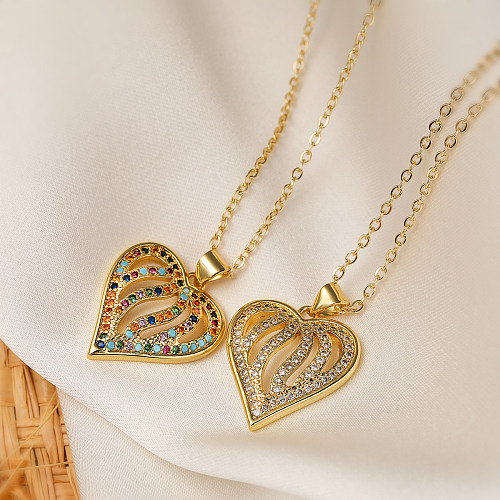 Estilo simples streetwear forma de coração chapeamento de cobre oco incrustação zircão 18k banhado a ouro pingente colar