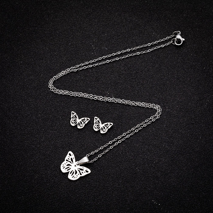 1 Set Fashion Butterfly Stainless Steel Plating Earrings Necklace