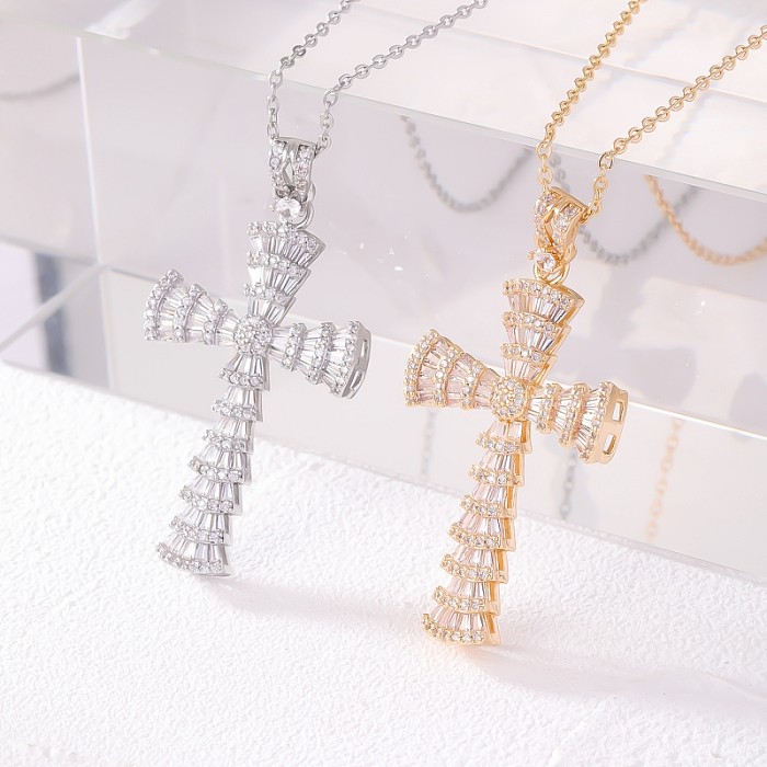 Retro Simple Style Cross Copper Gold Plated Zircon Necklace Pendant In Bulk