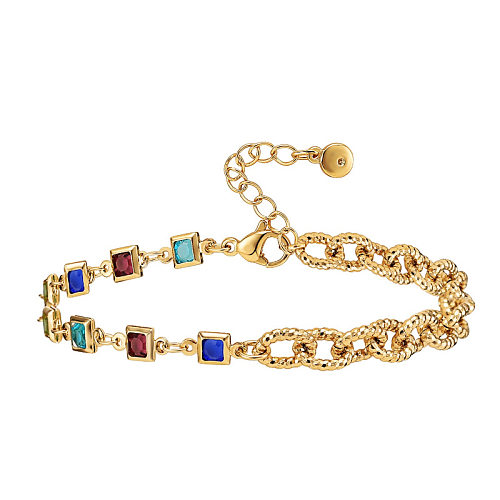 Bracelet européen et américain en or véritable 18 carats, couleur Zircon, chaîne O, réglable