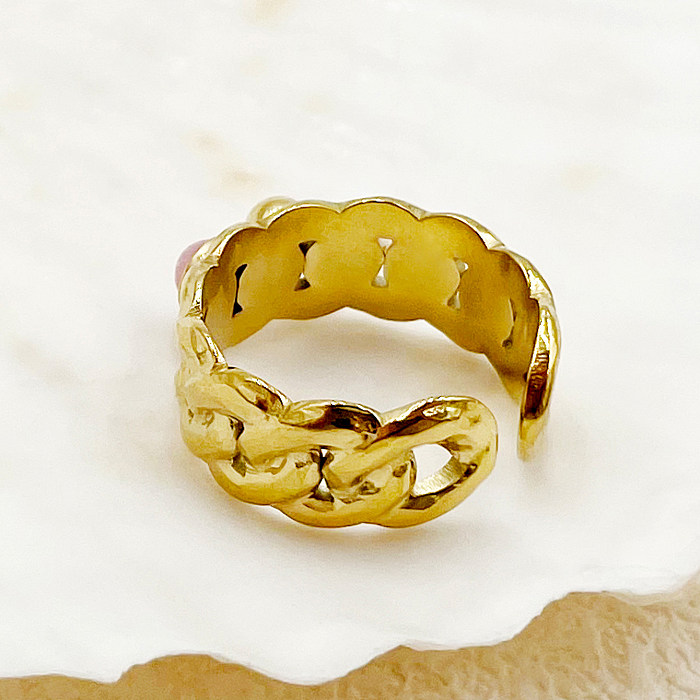 Elegante estilo romano em forma de C, revestimento de aço inoxidável, pedra natural, anéis abertos banhados a ouro