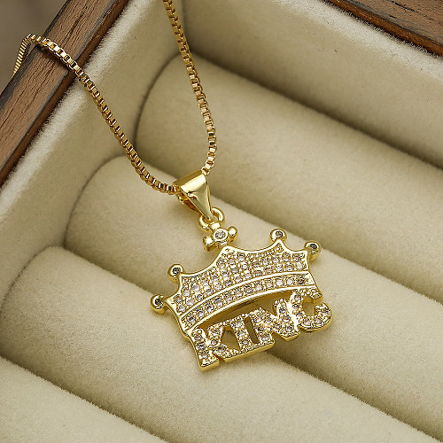 Hip-Hop Punk Crown Dollar Copper Plating Inlay Zircon 18K Gold Plated Pendant Necklace
