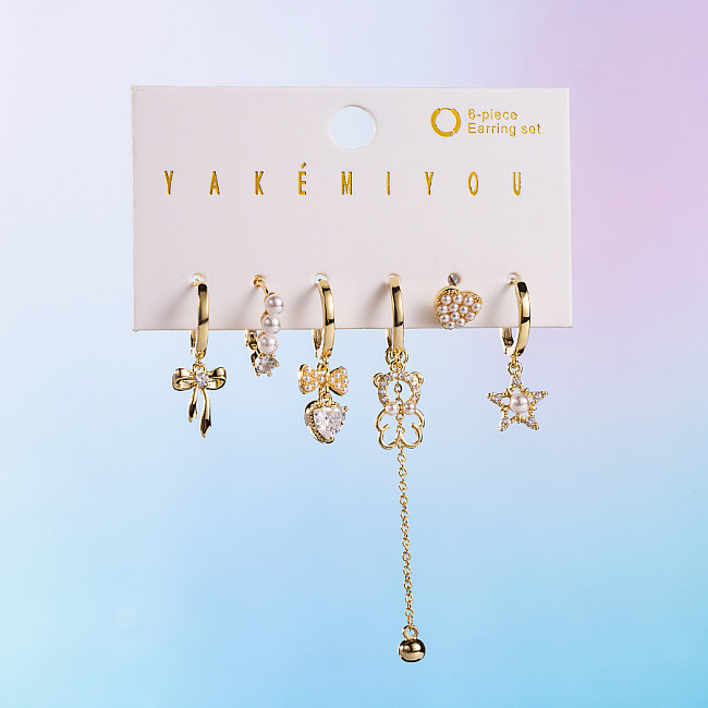 Yakemiyou Sweet Starfish Heart Shape Bow Knot Copper Asymmetrical Artificial Pearls Zircon 14K Gold Plated Earrings
