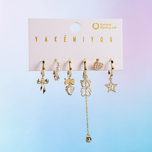 Yakemiyou Süße Seestern-Ohrringe in Herzform, Schleife, Knoten, Kupfer, asymmetrische künstliche Perlen, Zirkon, 14 Karat vergoldet
