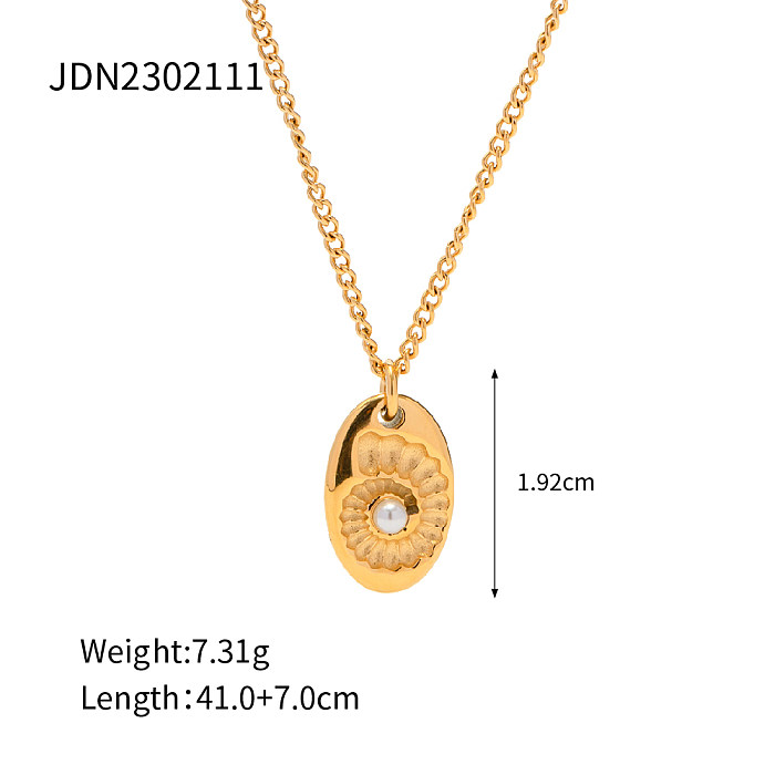 Elegante concha oval em aço inoxidável com incrustação de pérola banhada a ouro 18K colar de brincos