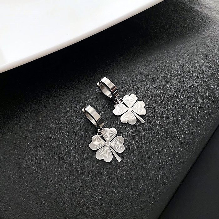 Elegant Lady Four Leaf Clover Titanium Steel Earrings Necklace