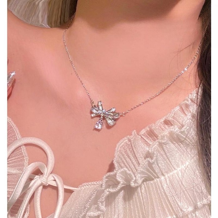 Simple Style Water Droplets Bow Knot Copper Zircon Necklace Pendant In Bulk